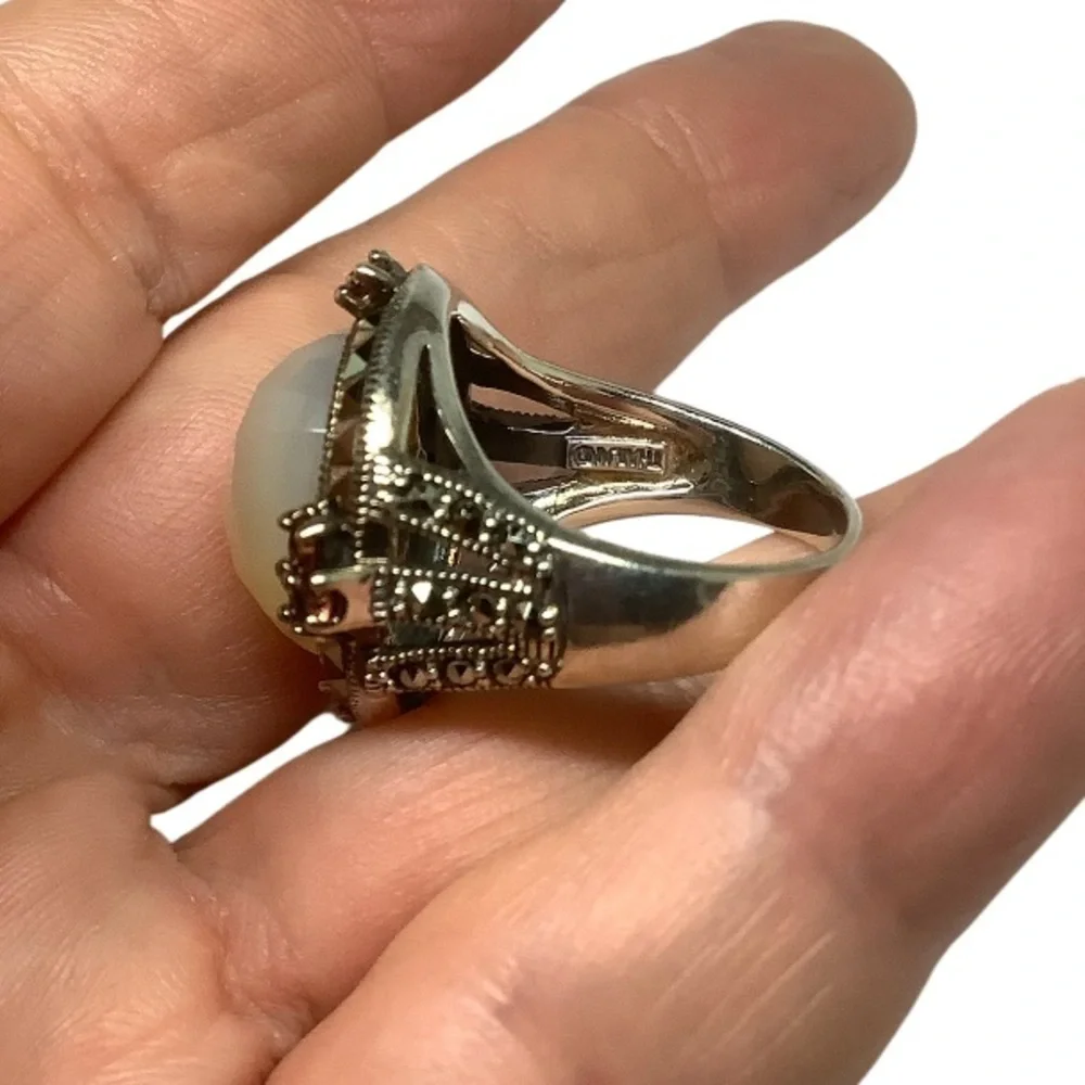 Sterling silver mother of pearl  marcasite gemstone ring
